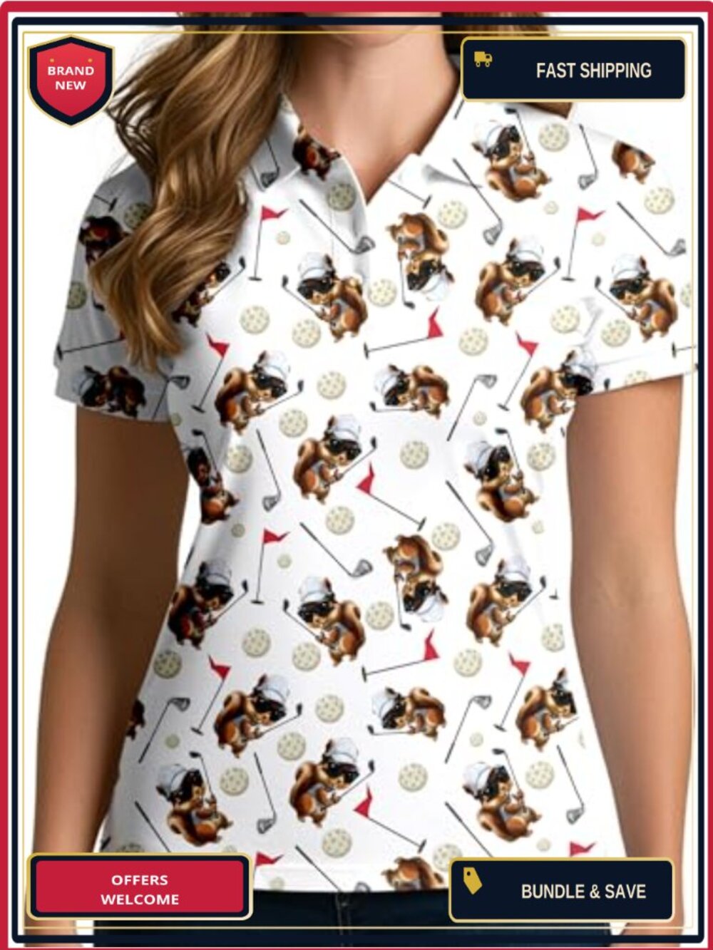 Womens Golf Polo Short Sleeve Funny Tennis Active Shirt V-Neck Polyester